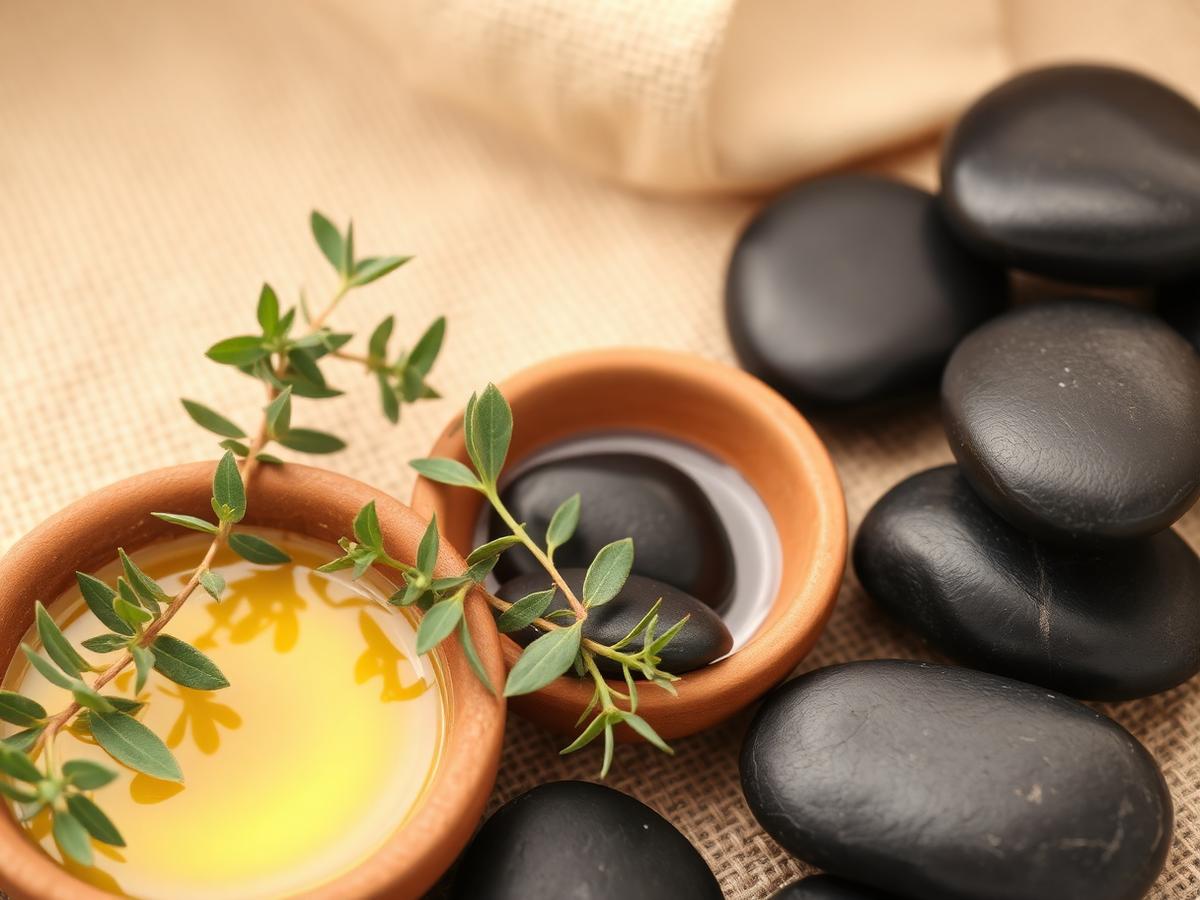Basalt hot stones with oil bowl and herbs